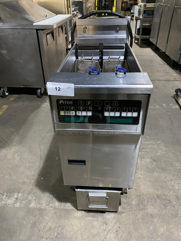 Pitco Frialator Commercial Electric Powered Deep Fat Fryer! With Oil Filter System! With 2 Frying Baskets! All Stainless Steel! On Casters! Model: SFSE14 SN: E08HA027571 208V 60HZ 3 Phase