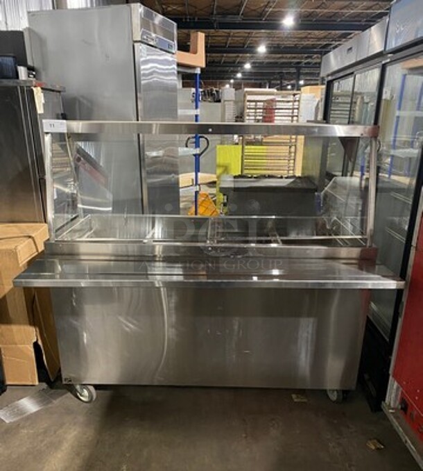 Duke Commercial Refrigerated Food Serving Station Counter/ Cold Pan! With Sneeze Guard! With Lowering Prep Line! All Stainless Steel! On Casters! MEASUREMENTS INCLUDE PREPLINE! WORKING WHEN REMOVED!