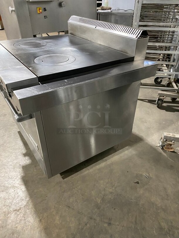 NICE! Us Range Commercial Heavy Duty Natural Gas Powered French Top/Hot Plate Range! With Full Size Oven Underneath! All Stainless Steel! With Oven Racks! On Casters!  - Image 2 of 10