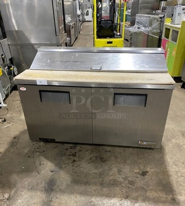 True Commercial Refrigerated Sandwich Prep Table! With Commercial Cutting Board! With 2 Door Underneath Storage Space! All Stainless Steel! On Casters! Model: TSSU6016 SN: 13826602 115V 60HZ 1 Phase