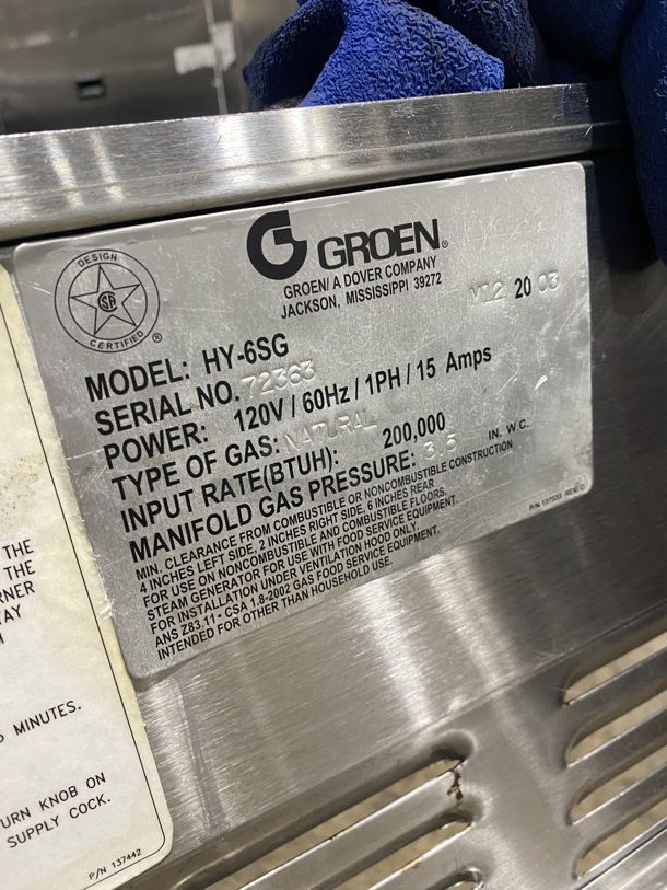 Groen Commercial Natural Gas Powered Dual Cabinet Steamer! All Stainless Steel! On Legs! MODEL: HY-6SG SN:72363 120V! - Image 9 of 11