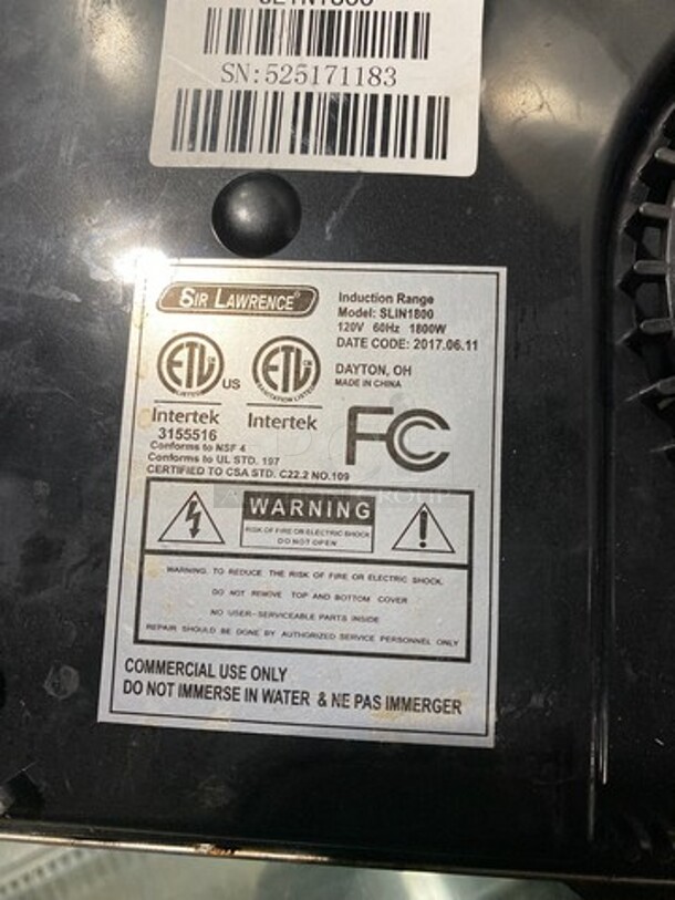 LATE MODEL! 2017 Sir Lawrence Commercial Countertop Electric Powered Single Burner Induction Range! Model: SLIN1800 120V - Image 8 of 8