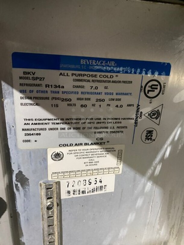 Beverage Air Commercial Refrigerated Sandwich Prep Table! With Single Door Refrigerated Storage Space Underneath! All Stainless Steel! Model SP27 Serial 7208954! 115V 1Phase! On Casters! - Image 7 of 10