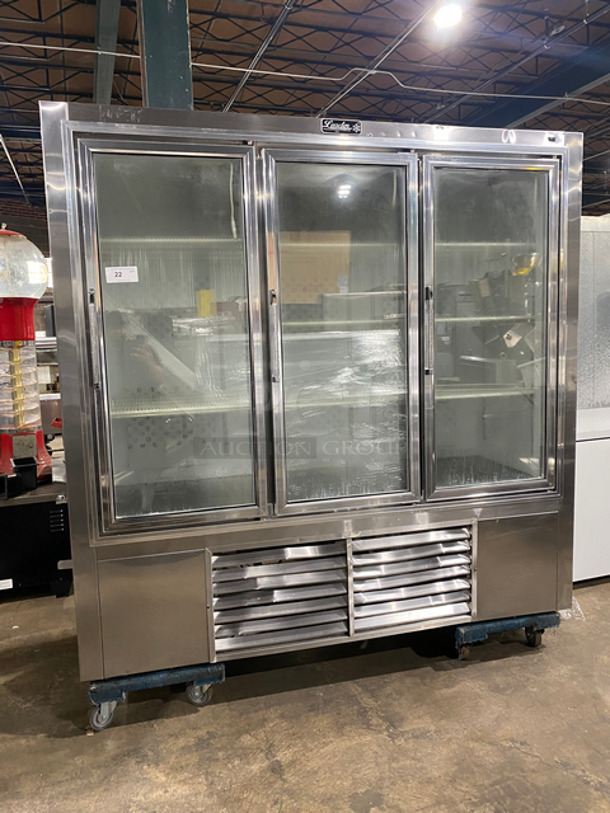 FAB! 2010 Leader Commercial 3 Door Reach In Freezer Merchandiser! With View Through Door! Poly Coated Racks! All Stainless Steel! Model: LS79 SN: PT033036 230V 60HZ 1 Phase
