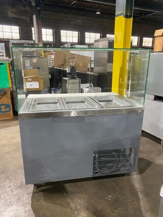 Leader Commercial Refrigerated Sandwich Prep Table! With Commercial Cutting Board! With Sneeze Guard! With 2 Door Storage Space Underneath! All Stainless Steel! On Casters! Model: LM48 SN: PW11M2201B! 115V 60HZ 1 Phase!