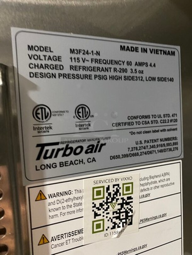 Turbo Air Commercial Single Door Reach In Freezer! All Stainless Steel! On Casters! Model: M3F241N 115V 60HZ 1 Phase - Image 6 of 8