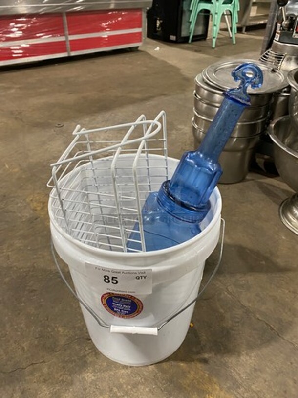 ALL ONE MONEY! MISCELLANEOUS! Heavy Duty White Poly Bucket, Blue Poly Rapi-Kool Rapid Cooling Paddle And Poly Coated Basket!