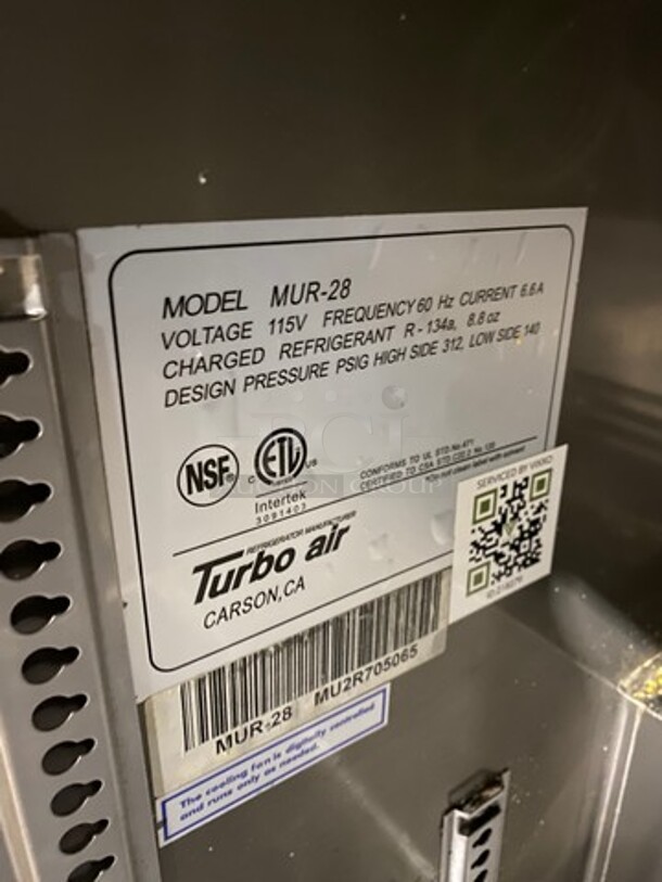 Turbo Air Commercial Single Door Lowboy/ Worktop Cooler! All Stainless Steel! Model: MUR28 SN: MU2R705065 115V 60HZ 1 Phase - Image 6 of 7