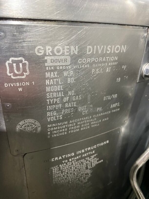Groen Commercial Natural Gas Powered Jacketed Self-Contained Soup Kettle! All Stainless Steel! On Legs! Model: AH140 SN: 1380 - Image 4 of 9