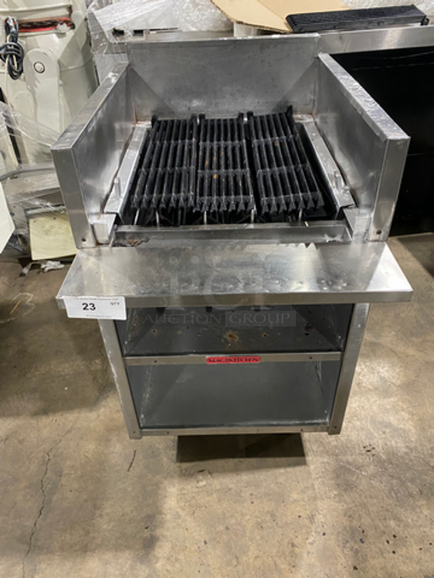 MagiKitch'n Commercial Natural Gas Powered Char Grill! With Back And Side Splashes! With Shelf Storage Space Underneath! All Stainless Steel! Model: FMRMB24 SN: 99119445