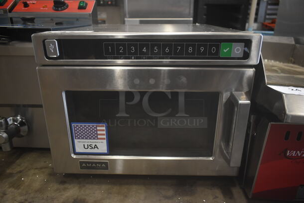 BRAND NEW SCRATCH AND DENT! 2023 Amana HDC212 Stainless Steel Commercial Countertop Microwave Oven. 208/240 Volts, 1 Phase.