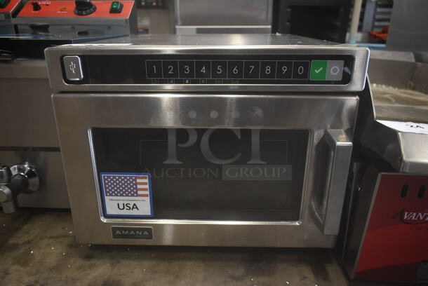 BRAND NEW SCRATCH AND DENT! 2023 Amana HDC212 Stainless Steel Commercial Countertop Microwave Oven. 208/240 Volts, 1 Phase. - Image 1 of 4