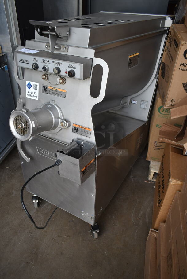 Hobart MG2032 Metal Commercial Floor Style Electric Powered Meat Mixer Grinder w/ Foot Pedal on Commercial Casters. 208 Volts, 3 Phase. Tested and Working!