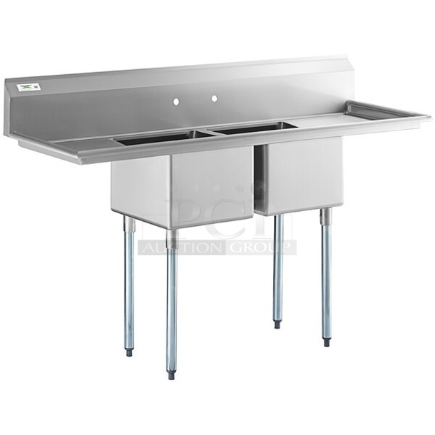 BRAND NEW SCRATCH AND DENT! Regency 600S21717218 Stainless Steel Commercial 2 Bay Sink w/ Dual Drain boards. Bays 17x17x12. Drain Boards 16.5x18.5