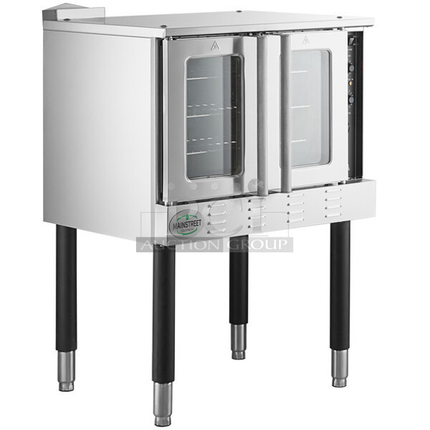 	BRAND NEW SCRATCH AND DENT! 2023 Mainstreet FGC100 Stainless Steel Commercial Natural Gas Powered Full Size Convection Oven w/ View Through Doors, Metal Oven Racks and Thermostatic Controls. No Legs. Comes w/ Gas Hose Kit! 54,000 BTU - Image 1 of 10