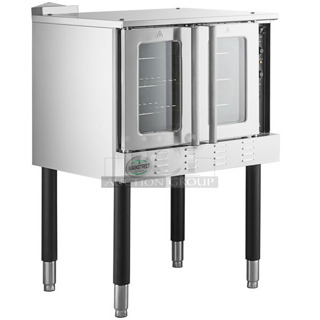 	BRAND NEW SCRATCH AND DENT! 2023 Mainstreet FGC100 Stainless Steel Commercial Natural Gas Powered Full Size Convection Oven w/ View Through Doors, Metal Oven Racks and Thermostatic Controls. No Legs. Comes w/ Gas Hose Kit! 54,000 BTU