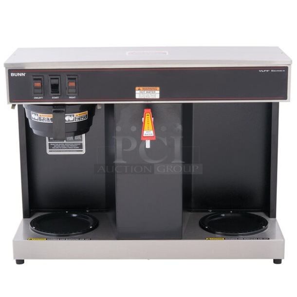 BRAND NEW SCRATCH AND DENT! 2022 Bunn VLPF 07400.0005 Stainless Steel Commercial Automatic Coffee Brewer with Two Lower Warmers. 120 Volts, 1 Phase. - Item #1113844