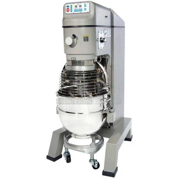 BRAND NEW SCRATCH AND DENT! Globe SP62P-4 Metal Commercial Floor Style 60 Qt. Planetary Floor Mixer w/ Stainless Steel Mixing Bowl, Bowl Guard. 208 Volts, 3 Phase.  - Image 1 of 4