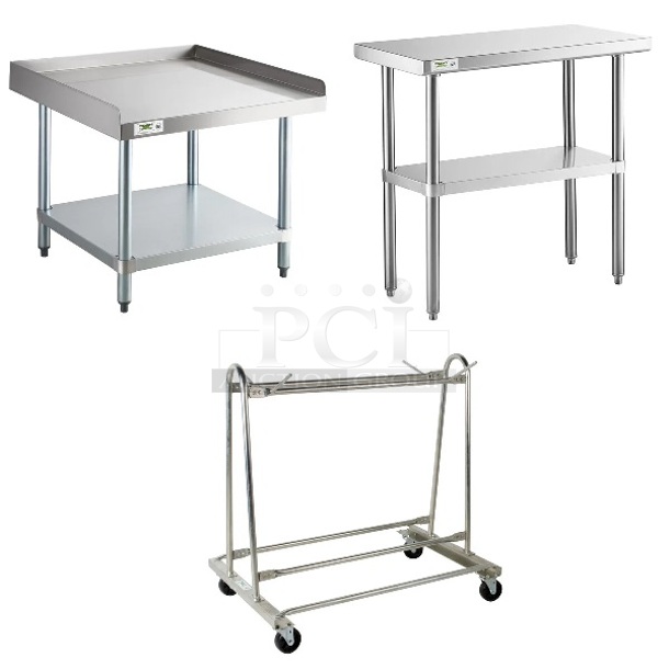 3 BRAND NEW SCRATCH AND DENT! Items Including Regency 600ES3030G 30" x 30" 16-Gauge Stainless Steel Equipment Stand with Galvanized Undershelf, Regency 600TS1836S 18" x 36" 16-Gauge 304 Stainless Steel Commercial Work Table with Undershelf, Lavex 6006477KD Mat Transport and Wash Cart. 3 Times Your Bid! May Be Missing Pieces.  - Image 1 of 4