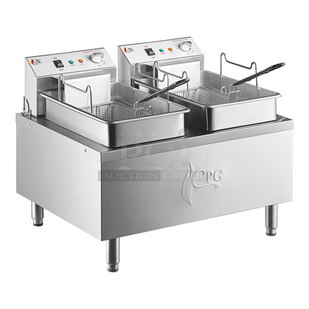 BRAND NEW SCRATCH AND DENT! Cooking Performance Group CPG 351EF302 Stainless Steel Commercial 30 lb. Dual Tank Heavy-Duty Electric Countertop Fryer w/ 2 Metal Fry Baskets. 208-240 Volts, 1 Phase.