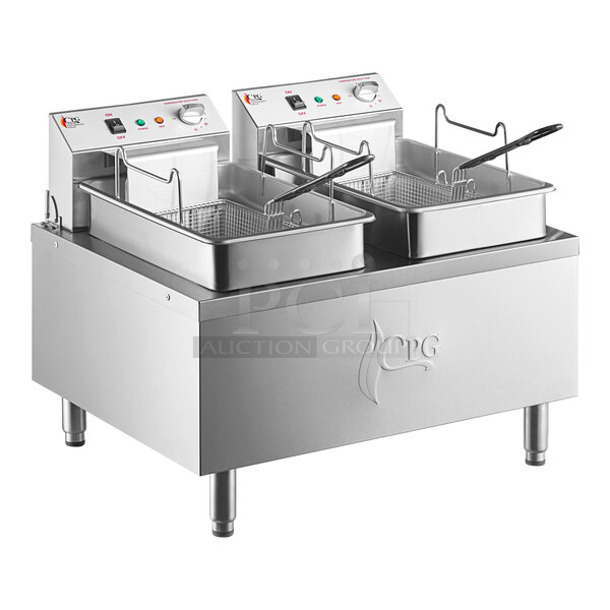 BRAND NEW SCRATCH AND DENT! Cooking Performance Group CPG 351EF302 Stainless Steel Commercial 30 lb. Dual Tank Heavy-Duty Electric Countertop Fryer w/ 2 Metal Fry Baskets. 208-240 Volts, 1 Phase. - Image 1 of 7