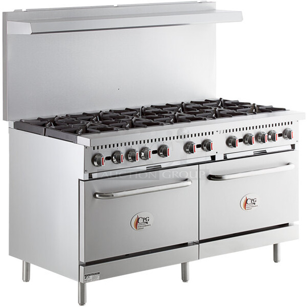 BRAND NEW SCRATCH AND DENT! 2024 Cooking Performance Group CPG 351CC60N Stainless Steel Commercial Natural Gas Powered 10 Burner Range w/ 2 CONVECTION Ovens, Over Shelf and Back Splash. - Item #1113552