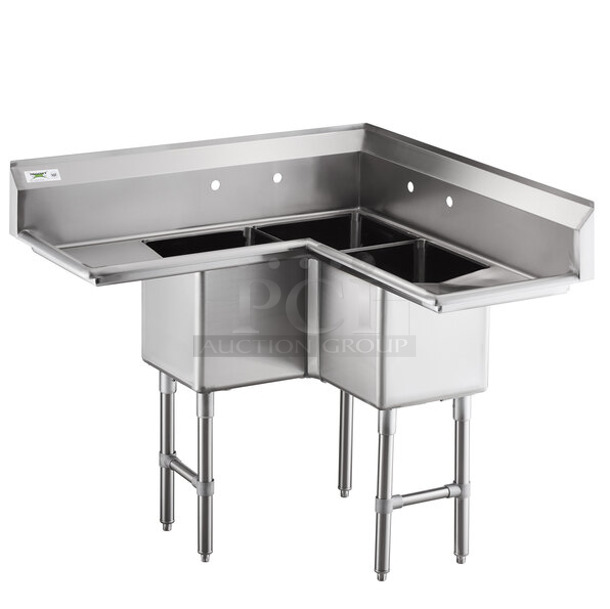BRAND NEW SCRATCH AND DENT! Regency 600S3141414C Stainless Steel 44 1/2" 16 Gauge Stainless Steel Three Compartment Commercial Corner Sink with Two Drainboards - 14" x 14" x 14" Bowls. No Legs.  - Image 1 of 8