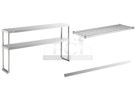 5 BRAND NEW SCRATCH AND DENT! Items; Camshelving Shelf Kit, Regency 600DOS1260 Stainless Steel Double Deck Overshelf - 12" x 60" x 32", Regency 600CG48NAH 16 Gauge Wall Outside Corner Guard - 2" x 48", Box of 4 Regency 460EC1848 18" x 48" NSF Chrome Wire Shelf. 5 Times Your Bid!