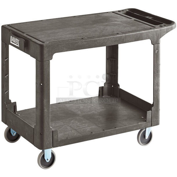 BRAND NEW SCRATCH AND DENT! Lavex 475UCLG2FTBK Large Black 2-Shelf Utility Cart with Flat Top and Built-In Tool Compartment - 44" x 25 1/4" x 32 1/4" - Image 1 of 2