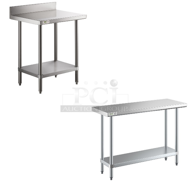 2 BRAND NEW SCRATCH AND DENT! Items; Regency 600TSB2430S 24" x 30" 16-Gauge Stainless Steel Commercial Work Table with 4" Backsplash and Undershelf, 600T1848 18" x 48" 18-Gauge 304 Stainless Steel Commercial Work Table with Galvanized Legs and Undershelf. 2 Times Your Bid! May Be Missing Pieces. - Image 1 of 5