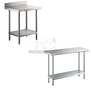 2 BRAND NEW SCRATCH AND DENT! Items; Regency 600TSB2430S 24" x 30" 16-Gauge Stainless Steel Commercial Work Table with 4" Backsplash and Undershelf, 600T1848 18" x 48" 18-Gauge 304 Stainless Steel Commercial Work Table with Galvanized Legs and Undershelf. 2 Times Your Bid! May Be Missing Pieces.