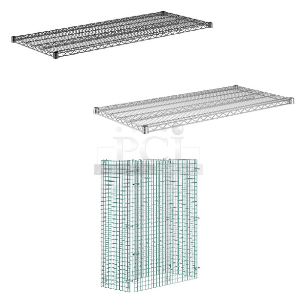 3 BRAND NEW SCRATCH AND DENT! Items; Regency 460EB2460 24" x 60" NSF Black Epoxy Wire Shelf, Regency 460EC2448 24" x 48" NSF Chrome Wire Shelf and Regency 460EGSC2448 NSF Green Wire Security Cage - 24" x 48" x 61". 3 Times Your Bid! May Be Missing Pieces.  - Image 1 of 5