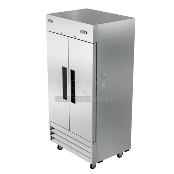 BRAND NEW SCRATCH AND DENT! 2024 KoolMore RIR-2D-SS35C Stainless Steel Commercial 2 Door Reach In Cooler w/ Poly Coated Racks. 115 Volts, 1 Phase. Tested and Working! - Image 1 of 6