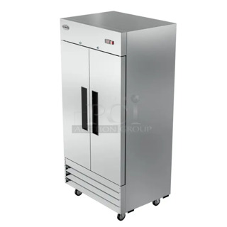 BRAND NEW SCRATCH AND DENT! 2024 KoolMore RIR-2D-SS35C Stainless Steel Commercial 2 Door Reach In Cooler w/ Poly Coated Racks. 115 Volts, 1 Phase. Tested and Working!