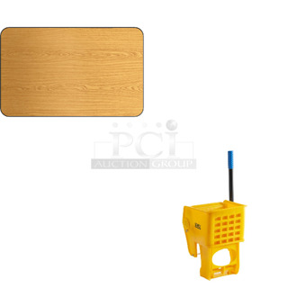 2 BRAND NEW SCRATCH AND DENT! Items; Lancaster Table & Seating 3493048T 
 30" x 48" Laminated Rectangular Table Top Reversible Walnut / Oak and Lavex 274MOPWRINGR Yellow Replacement Mop Bucket Side Press Wringer for Lavex Mop Buckets. 2 Times Your Bid! 