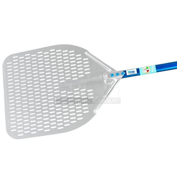 BRAND NEW SCRATCH AND DENT! GI Metal Azzurra 13'' Anodized Aluminum Square Perforated Pizza Peel with 59'' Handle A-32RF. May Be Missing Pieces.  - Image 1 of 5