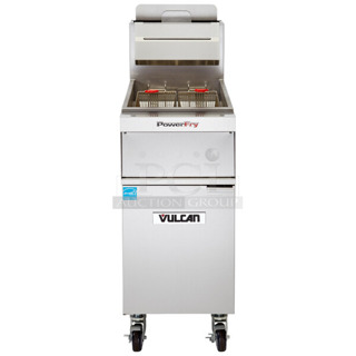 BRAND NEW! Vulcan 1VK45A-1 Stainless Steel Commercial Floor Style Natural Gas Powered Deep Fat Fryer w/ 2 Metal Fry Baskets on Commercial Casters. 70,000 BTU. 