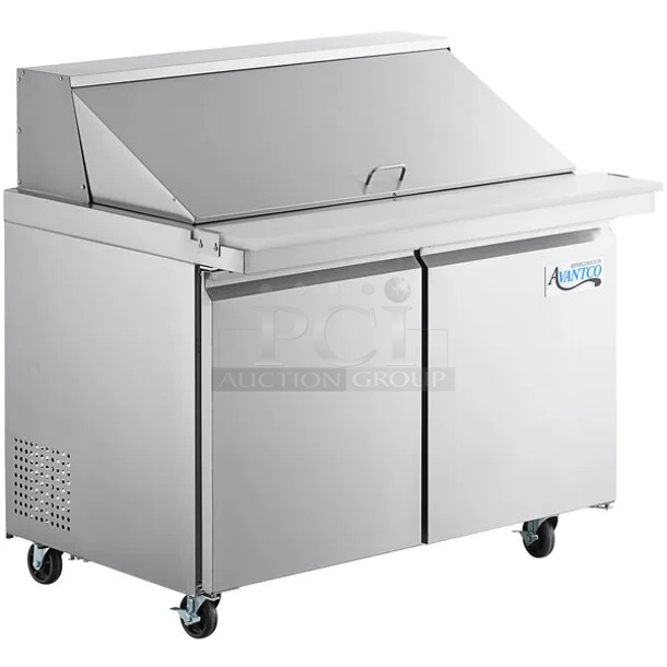 BRAND NEW SCRATCH AND DENT! 2023 Avantco 178SSPT48MHC Stainless Steel 48" 2 Door Mega Top Stainless Steel Refrigerated Sandwich Prep Table on Commercial Casters. 115 Volts, 1 Phase.  Tested and Working! - Image 1 of 8