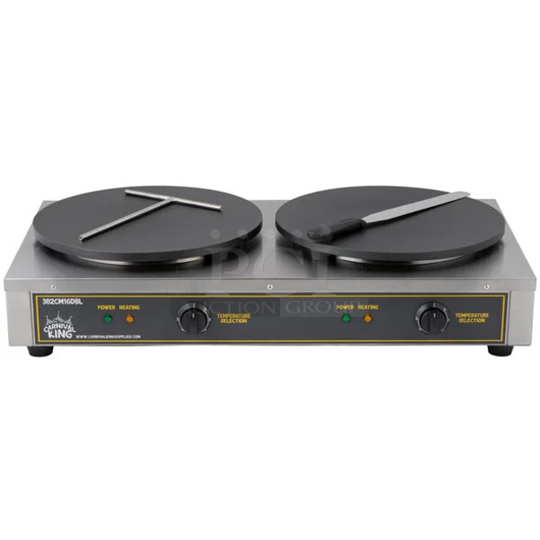 BRAND NEW SCRATCH AND DENT! Carnival King 382TCM16DBL Stainless Steel 16" Dual Non-Stick Crepe Maker - 208/240 Volts, 1 Phase.  - Image 1 of 3
