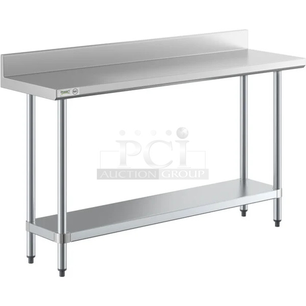 BRAND NEW SCRATCH AND DENT! Regency 600TB1860G 18" x 60" 18-Gauge 304 Stainless Steel Commercial Work Table with 4" Backsplash and Galvanized Undershelf. May Be Missing Pieces.  - Image 1 of 3