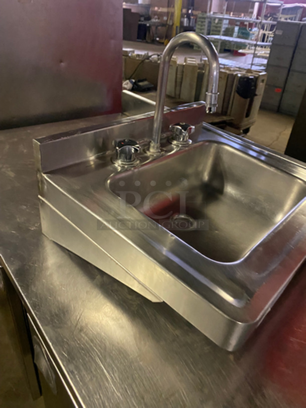 Solid Stainless Steel Wall Mount Hand Sink! With Faucet And Handles! With Back Splash! 22x19! - Image 4 of 6