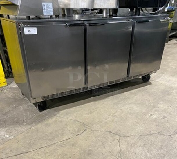 Beverage Air Commercial 3 Door Lowboy/ Worktop Cooler! Stainless Steel! On Casters! Model: UCR72A 115V 60HZ 1 Phase - Image 1 of 8