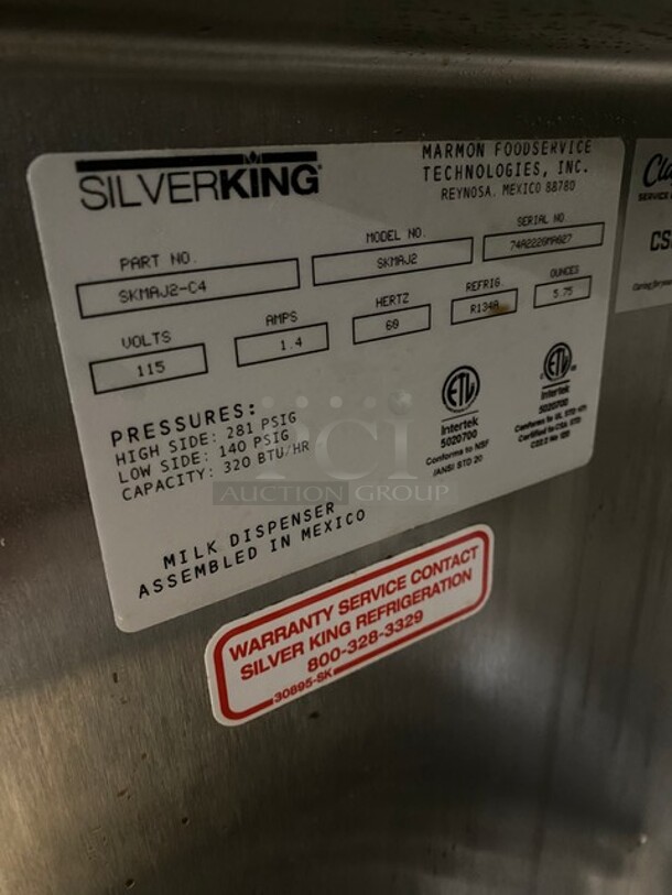 Silver King Commercial Countertop 2 Spout Refrigerated Milk Dispenser! Stainless Steel Body! Model: SKMAJ2 SN:74A2220MA027 115V  - Image 6 of 6