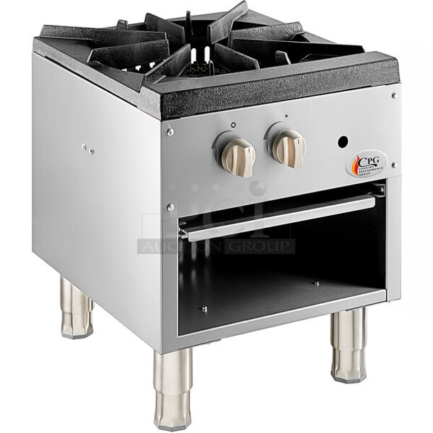 BRAND NEW SCRATCH AND DENT! Cooking Performance Group CPG 351CPGSP18L Stainless Steel Commercial Countertop Propane Gas Powered Single Burner Stock Pot Range. 80,000 BTU. 