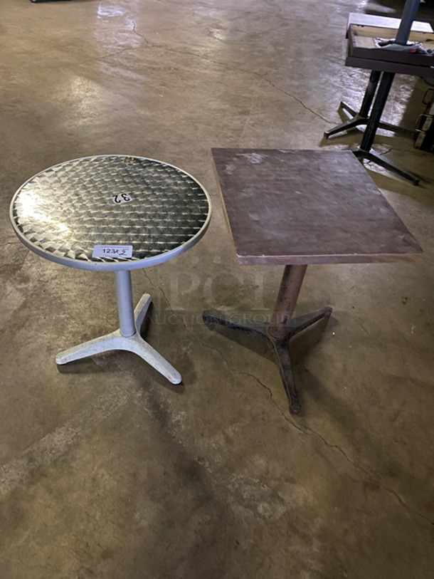 Assorted Tables! 1 Round Decorative Table! With White Metal Base! 1 Dark Wood Square Table! With Black Metal Base! 2x Your Bid!