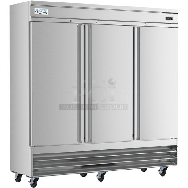 BRAND NEW SCRATCH AND DENT! 2023 Avantco 178SS3FHC Stainless Steel Commercial 3 Door Reach In Freezer w/ Poly Coated Racks and Commercial Casters. 115 Volts, 1 Phase. Stock Picture Used as Gallery. Tested and Working!