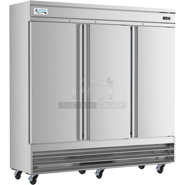 BRAND NEW SCRATCH AND DENT! 2023 Avantco 178SS3FHC Stainless Steel Commercial 3 Door Reach In Freezer w/ Poly Coated Racks and Commercial Casters. 115 Volts, 1 Phase. Stock Picture Used as Gallery. Tested and Working! - Image 1 of 12