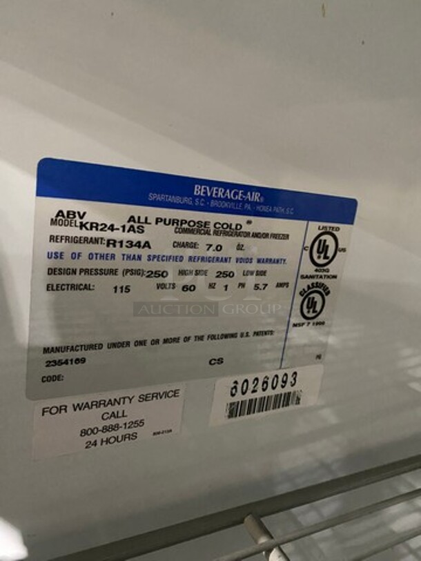 Beverage Air Commercial Single Door Reach-In Cooler! With Poly Coated Racks! Solid Stainless Steel! On Casters! Model: KR241AS SN: 6026093 115V 1 Phase - Image 7 of 10
