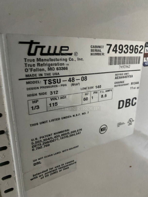 True Commercial Refrigerated Sandwich Prep Table! With 2 Door Underneath Storage Space! All Stainless Steel! On Casters! Model: TSSU4808 SN: 7493962 115V 60Hz 1 Phase - Image 8 of 10