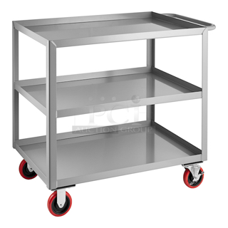 BRAND NEW SCRATCH & DENT! Lavex 257LSUC24363 Steel Three Tray Shelf Utility Cart - Fully Welded. 36" x 24" x 35". In Original Packaging. Box is damaged. Item has some denting. See photos. 